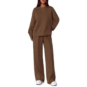 Dames casual loungewear set crewneck lange mouw sweatshirt en wijde broek outfit.