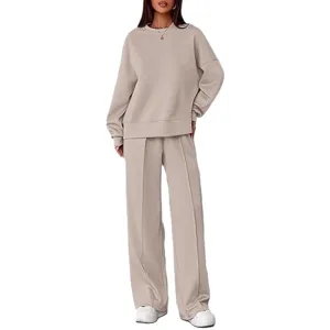 Dames casual tweedelige trainingspak effen kleur ronde hals lang mouw sweatshirt broek