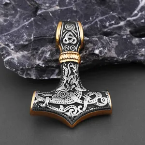 Stainless steel Viking Thor hammer pendant, intricate Norse Mjolnir design for hip hop necklace.