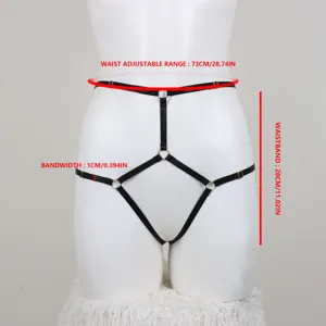 Black sexy body harness detail view, adjustable strap design with metal rings for women.