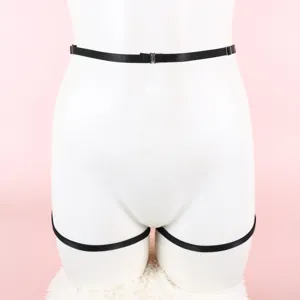 Black elastic waist and leg harness set, sexy lingerie accessory for women, adjustable straps.
