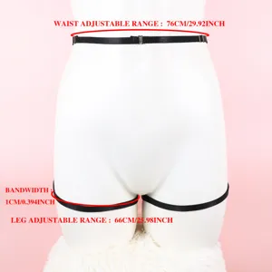 Detailed view of the adjustable black elastic garter leg ring and waist strap set.