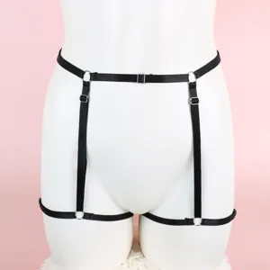 Black elastic body harness belt, adjustable straps with metal rings, stylish rave accessory.
