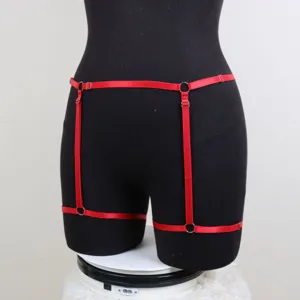 Sexy red strappy garter belt harness lingerie set with metal rings for women seductive wear