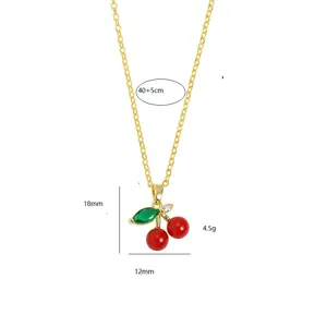 Gold-plated cherry necklace with zircon leaf, elegant clavicle chain for women and girls daily wear.