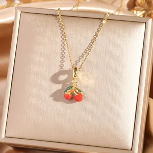 Fashionable titanium steel cherry necklace with exquisite zircon elements for charming women daily.