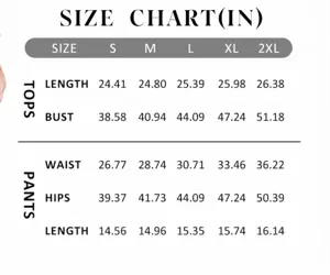 Maattabel voor dames loungewear set tops en broek in S tot 2XL met gedetailleerde inch afmetingen.