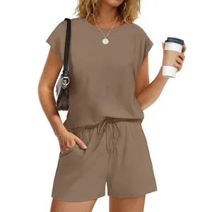 Dames Casual Loungewear Top And Bottom Mouwloos Effen Kleur Zakken Thuis Bovenkleding Passende Set Voor Zomer Comfort