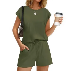 Groene casual tweedelig setje voor dames effenkleurige korte broek top loungewear