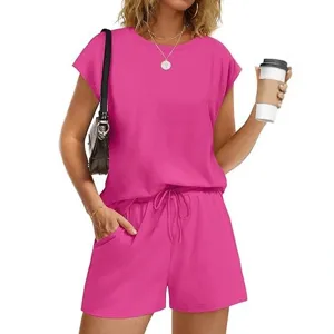 Dames casual effen kleur korte mouw top en shorts tweedelig loungewear set hoofdaanzicht
