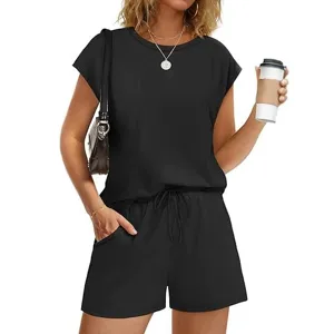 Dames casual tweedelig setje korte mouw top en trekkoord short Loungewear zwart