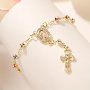 Tri-Color Metal Bead Cross Pendant Bracelet Gold Plated Copper Inlaid Zirconia Religious Blessing Blessing Wristlet Jewelry For Women