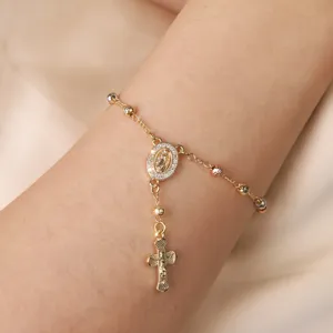 Tricolor metal bead cross pendant bracelet with cubic zirconia for women chic fashion
