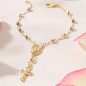 Tri-color metal bead cross pendant bracelet zircon micro-set prayer jewelry accessory