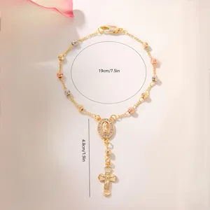 Tri-color metal bead cross rosary bracelet with zircon micro-inlaid prayer jewelry item