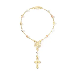 Tricolor Metal Rosary Bracelet with Cross Pendant and Sparkling Cubic Zirconia Stones