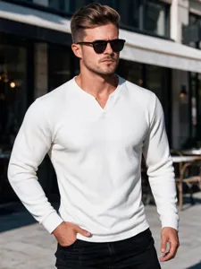 Men's waffle long-sleeve t-shirt, casual V-neck solid color top for autumn outdoor daily wear.