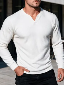 Close-up detail of white waffle knit long sleeve T-shirt with stylish V-neck design.