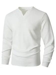 Detailed view of white waffle knit long sleeve shirt for men with stylish V-neck design.