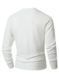 Men's solid color waffle long sleeve t-shirt back view detail showcasing textured fabric design.