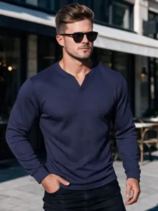 Men long sleeve waffle t-shirt casual solid color V neck autumn top for outdoor daily wear.