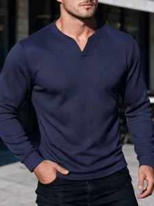 Casual mens waffle knit long sleeve t-shirt featuring stylish v-neck for autumn outdoor wear.