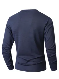 Back view detail showing men casual solid navy blue waffle knit long sleeve t-shirt apparel.