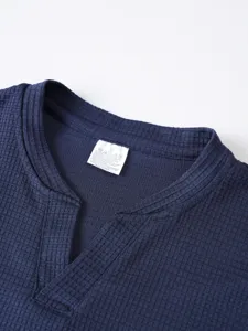 Men waffle knit long sleeve V-neck top collar detail view casual basic pullover shirt