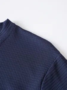 Navy blue waffle knit long sleeve shirt fabric detail view for men autumn casual wear