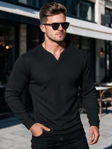 Men's black waffle long sleeve V-neck t-shirt, casual outdoor slim fit autumn top detail.