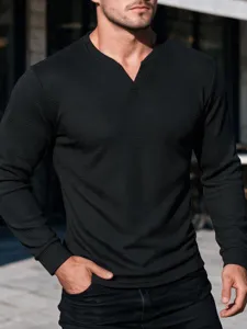 Men's waffle long sleeve V-neck t-shirt, casual solid color top for daily autumn wear.