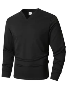 Close up detail of men black waffle knit long sleeve t shirt V neck casual fabric texture