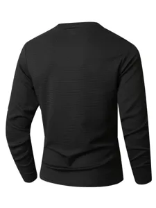 Men's solid black long sleeve waffle knit t-shirt casual autumn top basic apparel style