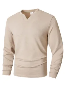 Men's casual long sleeve waffle knit v-neck t-shirt in solid beige, comfortable daily wear.