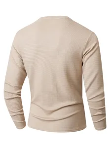 Detailed back view of men's solid color waffle knit long sleeve t-shirt casual top.