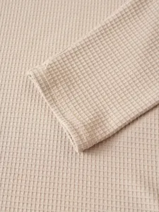 Men long sleeve waffle t-shirt casual solid color shirt fabric detail close up beige top