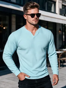 Detailed view of mens casual waffle long sleeve t-shirt in light blue with v-neck.