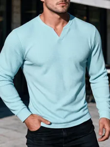 Close-up view of men light blue waffle knit long sleeve t-shirt, casual notch V neck detail.