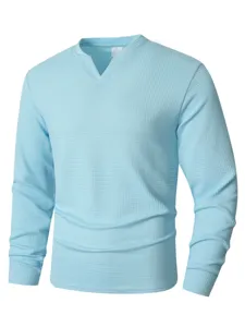 Men's light blue waffle knit long sleeve V-neck t-shirt casual autumn outdoor apparel basic top.