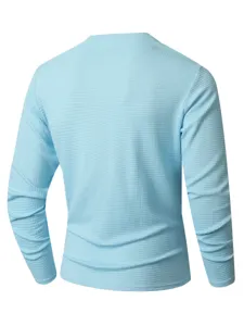 Men's light blue waffle knit long sleeve t-shirt back detail, casual breathable autumn wear.