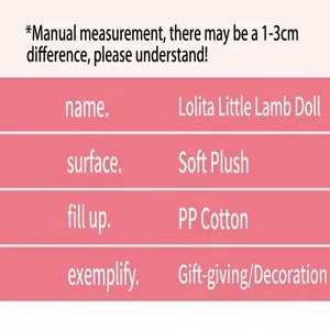 Vue détaillée des spécifications de la jolie peluche mouton Lolita, tissu doux et coton PP.