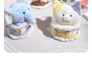 Cute birthday cake plush toy detail view, soft stuffed animal doll for sweet gifts.