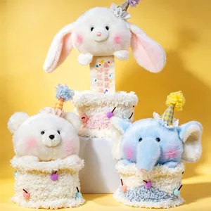 Cute birthday cake plush toy set with rabbit bear and elephant pull-up doll figures for girls.