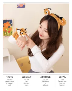 Cute plush tiger headband and slap bracelet set, soft cartoon animal hair accessories.