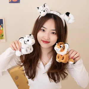 Cute tiger plush slap bracelet and headband set, soft animal wristband toys for kids.