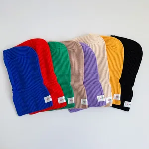 Children winter solid color knitted balaclava warm baby cute hooded bib hat style