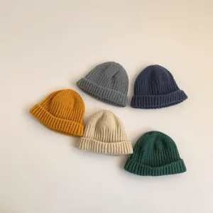 Children knitted beanie cap kids autumn winter warm solid color wool hat cute daily wear