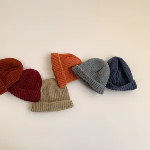 Children knitted beanie winter warm wool cap casual solid color kids cute knit hat