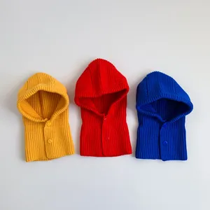 Kids knitted hooded scarf detail shot, solid color warm baby hat bib combo, colorful style.