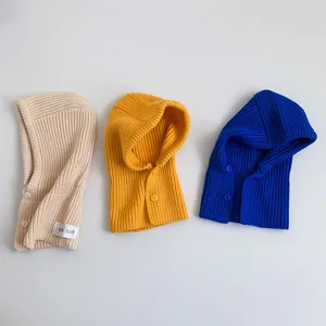 Kids winter warm knitted hooded scarf bib set, solid color baby balaclava hat details.